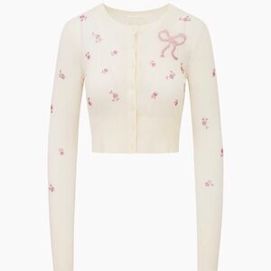 LoveShackFancy Cream Cardigan with Pink Floral Details